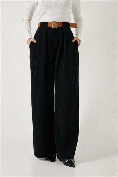 Wide Leg Yüksek Bel Bol Paça Kemer Detaylı Kadın Pantolon 6923855 SİYAH
