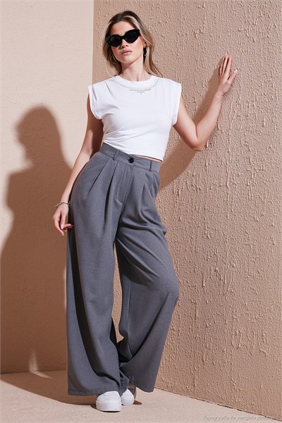 Wide Leg Yüksek Bel Geniş Paça Palazzo Kadın Pantolon 5866290 GRİ