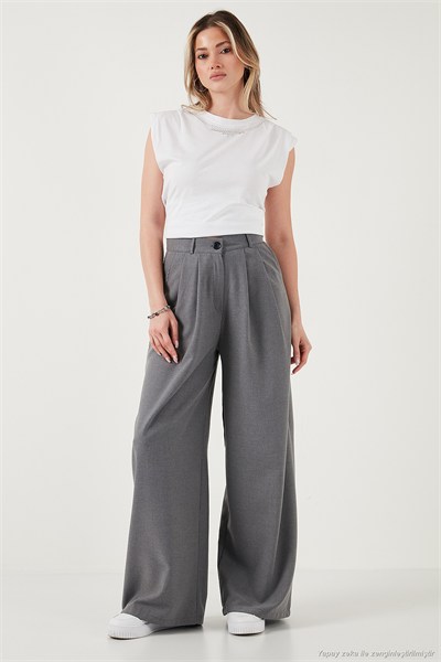 Wide Leg Yüksek Bel Geniş Paça Palazzo Kadın Pantolon 5866290 GRİ