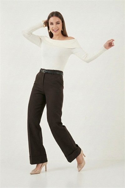 Wide Leg Yüksek Bel Kıvırma Detaylı Bol Paça Kemerli Kadın Pantolon 6923841 KAHVE