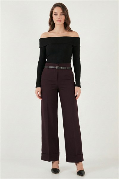 Wide Leg Yüksek Bel Kıvırma Detaylı Bol Paça Kemerli Kadın Pantolon 6923841 MÜRDÜM