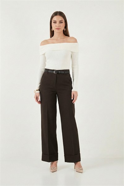 Wide Leg Yüksek Bel Kıvırma Detaylı Bol Paça Kemerli Kadın Pantolon 6923841 KAHVE