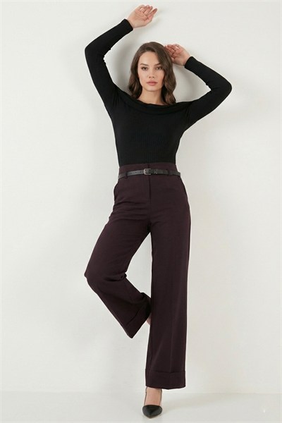 Wide Leg Yüksek Bel Kıvırma Detaylı Bol Paça Kemerli Kadın Pantolon 6923841 MÜRDÜM