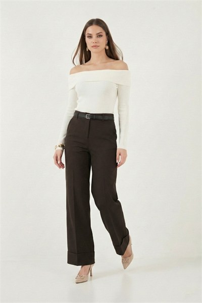 Wide Leg Yüksek Bel Kıvırma Detaylı Bol Paça Kemerli Kadın Pantolon 6923841 KAHVE