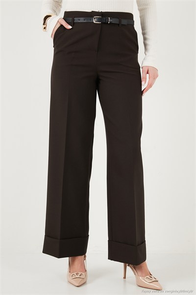Wide Leg Yüksek Bel Kıvırma Detaylı Bol Paça Kemerli Kadın Pantolon 6923841 KAHVE