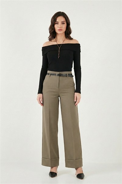 Wide Leg Yüksek Bel Kıvırma Detaylı Bol Paça Kemerli Kadın Pantolon 6923841 HAKİ