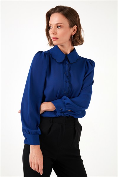 Yaka Detaylı Regular Fit Şifon Kadın Gömlek 61114410 SAKS-LACİVERT
