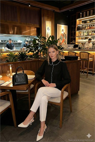 Yaka Detaylı Regular Fit Şifon Kadın Gömlek 61114410 SİYAH-EKRU