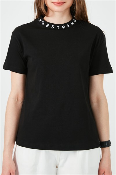 Yakası Baskılı Bisiklet Yaka Basic Örme Kadın T Shirt 5864054 SİYAH