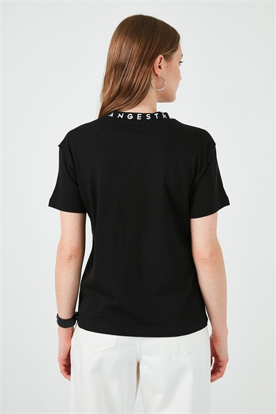 Yakası Baskılı Bisiklet Yaka Basic Örme Kadın T Shirt 5864054 SİYAH