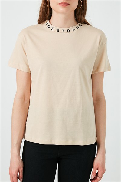 Yakası Baskılı Bisiklet Yaka Basic Örme Kadın T Shirt 5864054 TAŞ