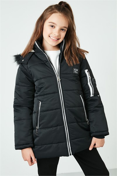 Yakası Suni Kürklü Kapüşonlu Cepli Kız Çocuk Mont 6035054 SİYAH