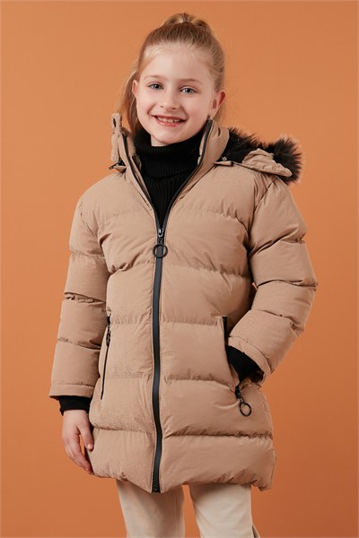 Yakası Suni Kürklü Peluş Astarlı Çıkarılabilir Kapüşonlu Dar Kesim Kışlık Kız Çocuk Mont 5760002 VİZON