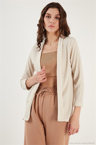 Yakası ve Kolu Katlı Gofre Kimono Kadın Hırka 5869014 TAŞ