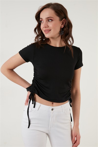 Yanlardan Büzgülü Kısa Kollu Crop Kadın Bluz 5864010 SİYAH