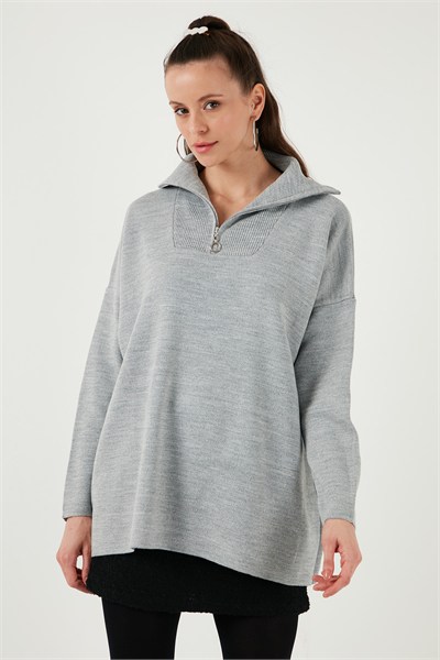 Yarım Fermuarlı Onesize Triko Kadın Kazak 4616079Y AÇIK GRİ