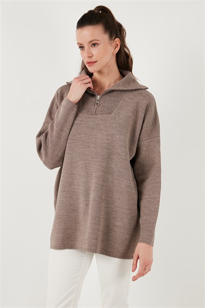 Yarım Fermuarlı Onesize Triko Kadın Kazak 4616079Y KOYU VİZON
