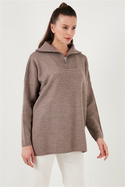 Yarım Fermuarlı Onesize Triko Kadın Kazak 4616079Y KOYU VİZON