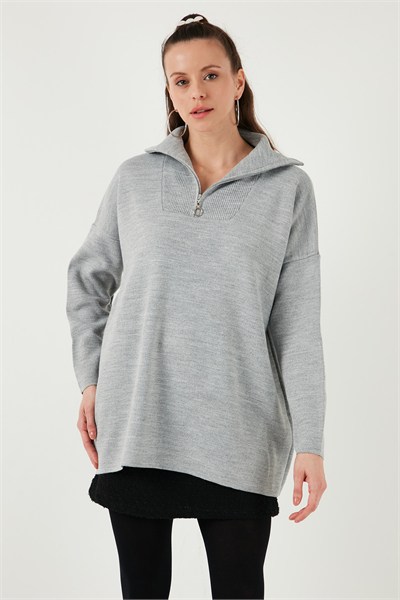 Yarım Fermuarlı Onesize Triko Kadın Kazak 4616079Y AÇIK GRİ