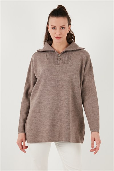 Yarım Fermuarlı Onesize Triko Kadın Kazak 4616079Y KOYU VİZON