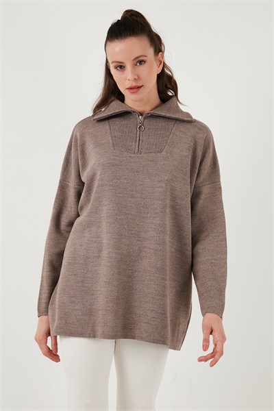 Yarım Fermuarlı Onesize Triko Kadın Kazak 4616079Y KOYU VİZON