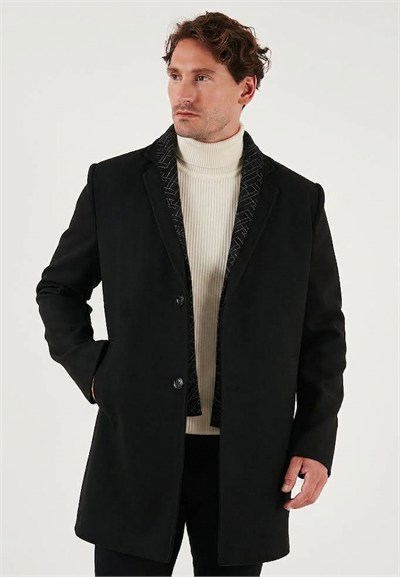 Yırtmaçlı Slim Fit Mono Yaka Kaşe Erkek Kaban 58400589 SİYAH