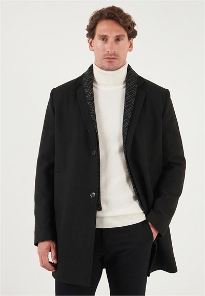 Yırtmaçlı Slim Fit Mono Yaka Kaşe Erkek Kaban 58400589 SİYAH