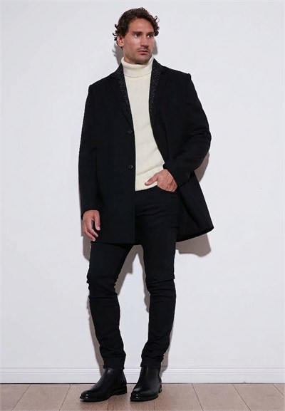 Yırtmaçlı Slim Fit Mono Yaka Kaşe Erkek Kaban 58400589 SİYAH