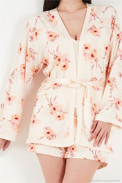 Yumuşak Dokulu 3’lü Desenli V Yaka Uzun Kollu Sabahlıklı Kadın Pijama Takımı 6578001 BEJ