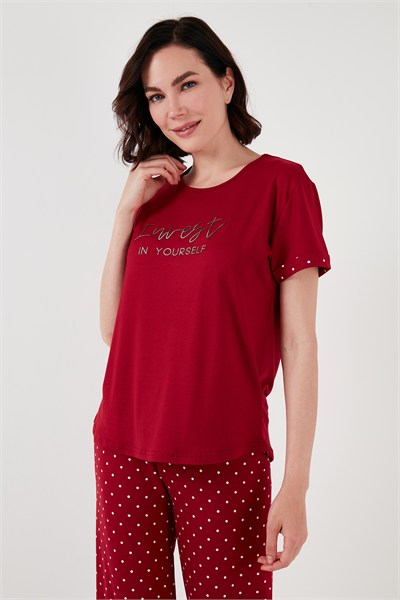 Yumuşak Dokulu Bisiklet Yaka Kadın Pijama Takımı 6097605 BORDO