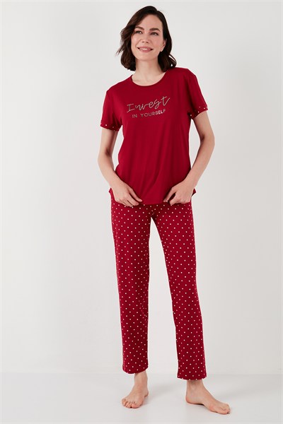 Yumuşak Dokulu Bisiklet Yaka Kadın Pijama Takımı 6097605 BORDO