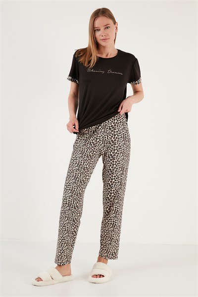 Yumuşak Dokulu Bisiklet Yaka Kadın Pijama Takımı 6097605 SİYAH-LEOPAR