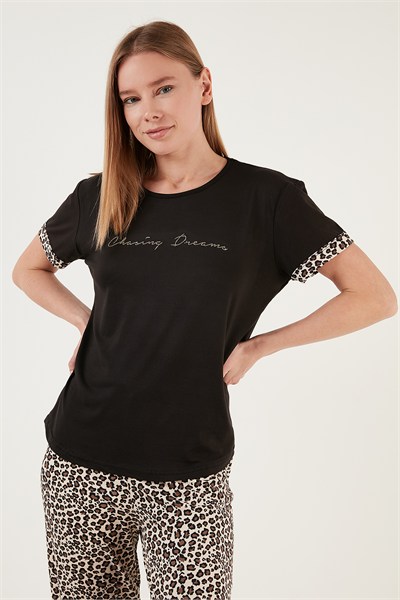 Yumuşak Dokulu Bisiklet Yaka Kadın Pijama Takımı 6097605 SİYAH-LEOPAR
