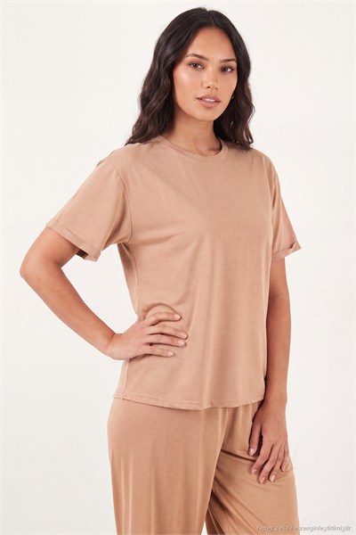 Yumuşak Dokulu Bisiklet Yaka Lastikli Bel Kısa Kollu Kadın Pijama Takımı 65720102 BEJ