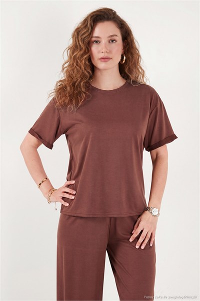 Yumuşak Dokulu Bisiklet Yaka Lastikli Bel Kısa Kollu Kadın Pijama Takımı 65720102 KOYU KAHVE