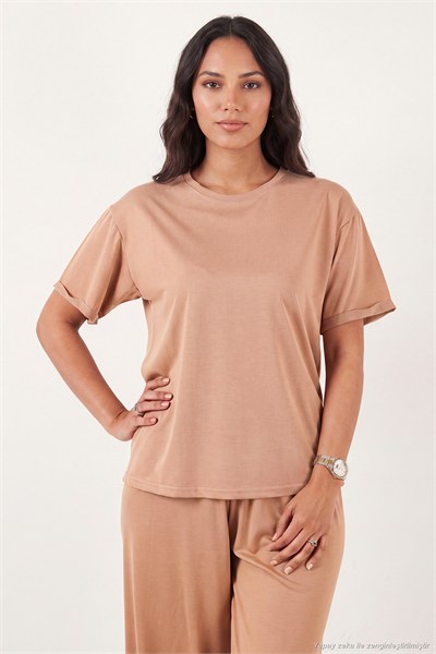Yumuşak Dokulu Bisiklet Yaka Lastikli Bel Kısa Kollu Kadın Pijama Takımı 65720102 BEJ