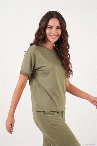 Yumuşak Dokulu Bisiklet Yaka Lastikli Bel Kısa Kollu Kadın Pijama Takımı 65720102 HAKİ