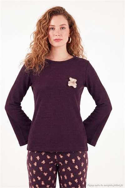 Yumuşak Dokulu Desenli Uzun Kollu Kadın Pijama Takımı 6575018 KAHVE