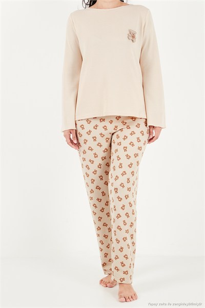 Yumuşak Dokulu Desenli Uzun Kollu Kadın Pijama Takımı 6575018 KREM