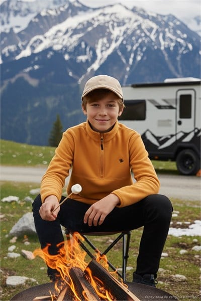 Yumuşak Dokulu Fermuarlı Dik Yaka Şardonlu Kışlık Unisex Çocuk Polar 5905002 HARDAL