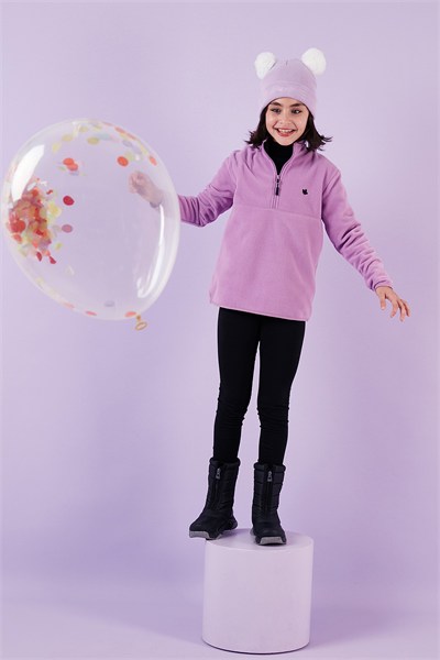 Yumuşak Dokulu Fermuarlı Dik Yaka Şardonlu Kışlık Unisex Çocuk Polar 5905002 LİLA