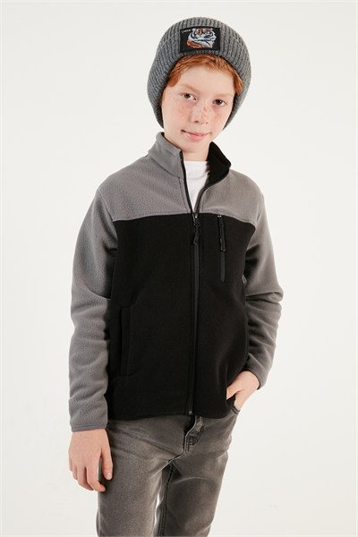 Yumuşak Dokulu Fermuarlı Renk Bloklu Dik Yaka Cepli Hırka Unisex Çocuk Polar 5905001 GRİ-SİYAH