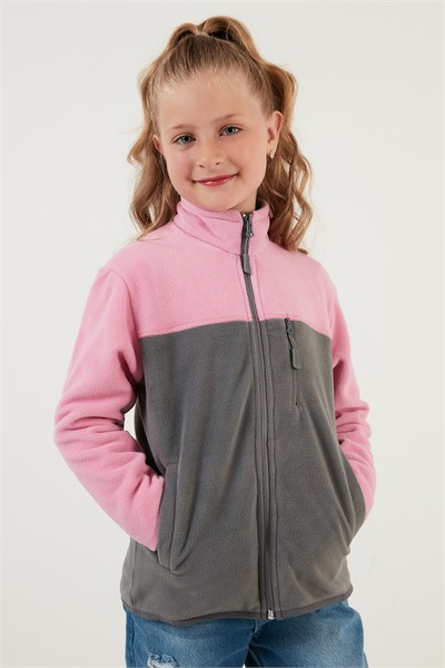 Yumuşak Dokulu Fermuarlı Renk Bloklu Dik Yaka Cepli Hırka Unisex Çocuk Polar 5905001 Şeker Pembe-Gri