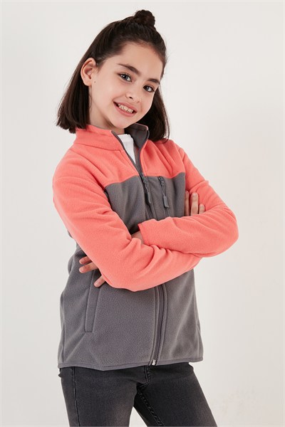 Yumuşak Dokulu Fermuarlı Renk Bloklu Dik Yaka Cepli Hırka Unisex Çocuk Polar 5905001 SOMON-GRİ