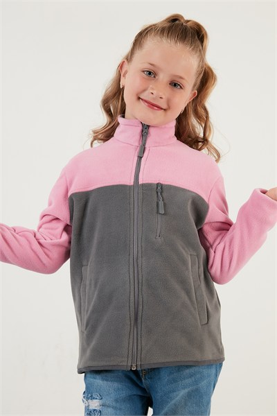 Yumuşak Dokulu Fermuarlı Renk Bloklu Dik Yaka Cepli Hırka Unisex Çocuk Polar 5905001 Şeker Pembe-Gri