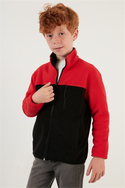 Yumuşak Dokulu Fermuarlı Renk Bloklu Dik Yaka Cepli Hırka Unisex Çocuk Polar 5905001 KIRMIZI-SİYAH