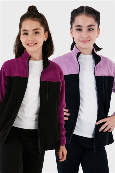 Yumuşak Dokulu Fermuarlı Renk Bloklu Dik Yaka Cepli 2li Paket Hırka Çocuk Polar 5905001S2 Lila Siyah-Mor Siyah