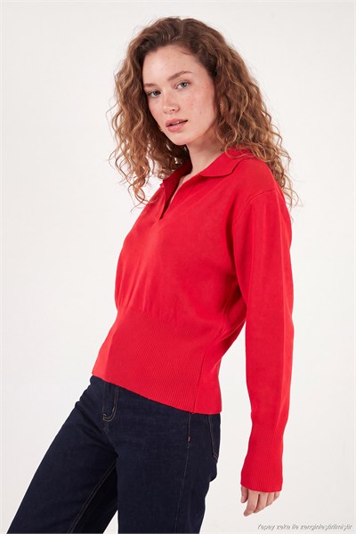 Yumuşak Dokulu Regular Fit Polo Yaka Kadın Kazak 680KZ00163 KIRMIZI