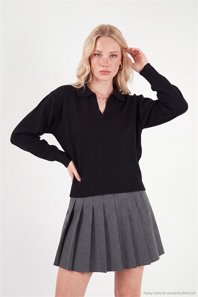 Yumuşak Dokulu Regular Fit Polo Yaka Kadın Kazak 680KZ00163 SİYAH