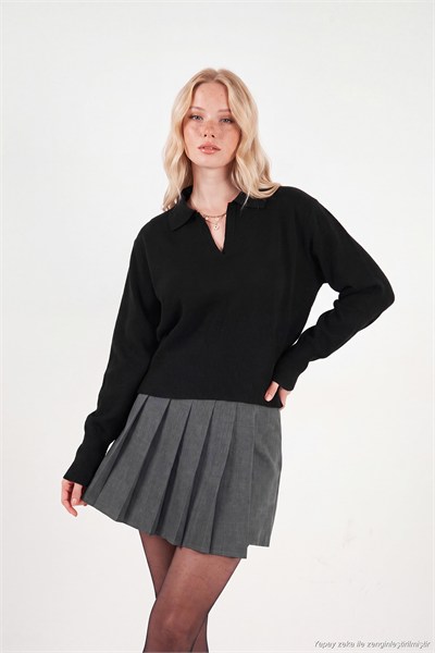 Yumuşak Dokulu Regular Fit Polo Yaka Kadın Kazak 680KZ00163 SİYAH
